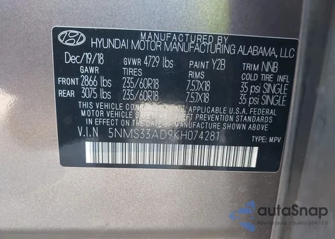 2019 Hyundai Santa Fe Sel Plus z USA, uszkodzony, nr VIN 5NMS33AD9KH074281